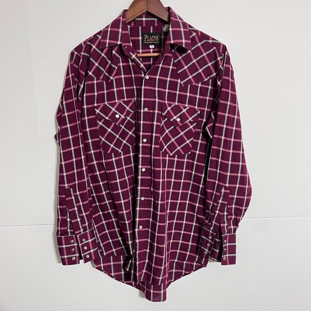 Vintage Plains Western Wear Mens Pearl Snap Shirt Size S Maroon Check